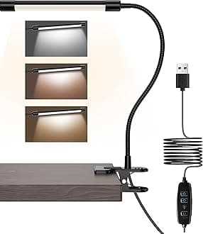 JHD LED Desk Lamp with Clamp - Adjustable 3 Color Modes 10 Brightness Level Table Lamp, USB Eye Caring Flexible Gooseneck Desk Light for Home Office, Dorm Room, Reading, Nail, Clip On Light, Black