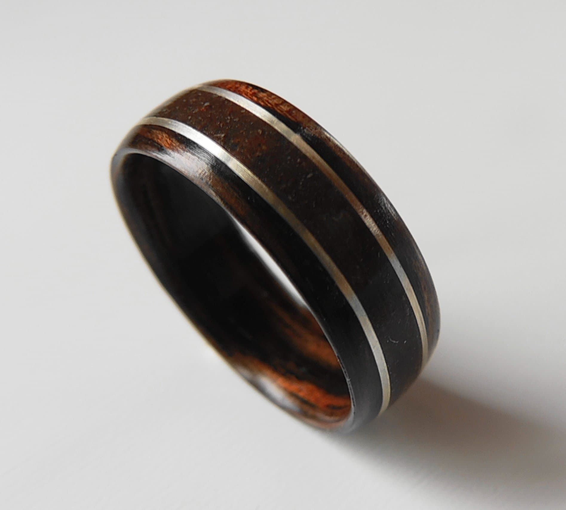 Bentwood Ring Dinosaur Bone with Silver on Macassar Ebony, Non-Metal ring, engagement, anniversary