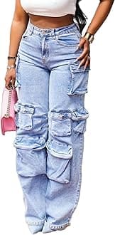 Vakkest High Waisted Cargo Jeans for Women Wide Leg Casual Baggy Trendy Denim Pants with Multi Pockets