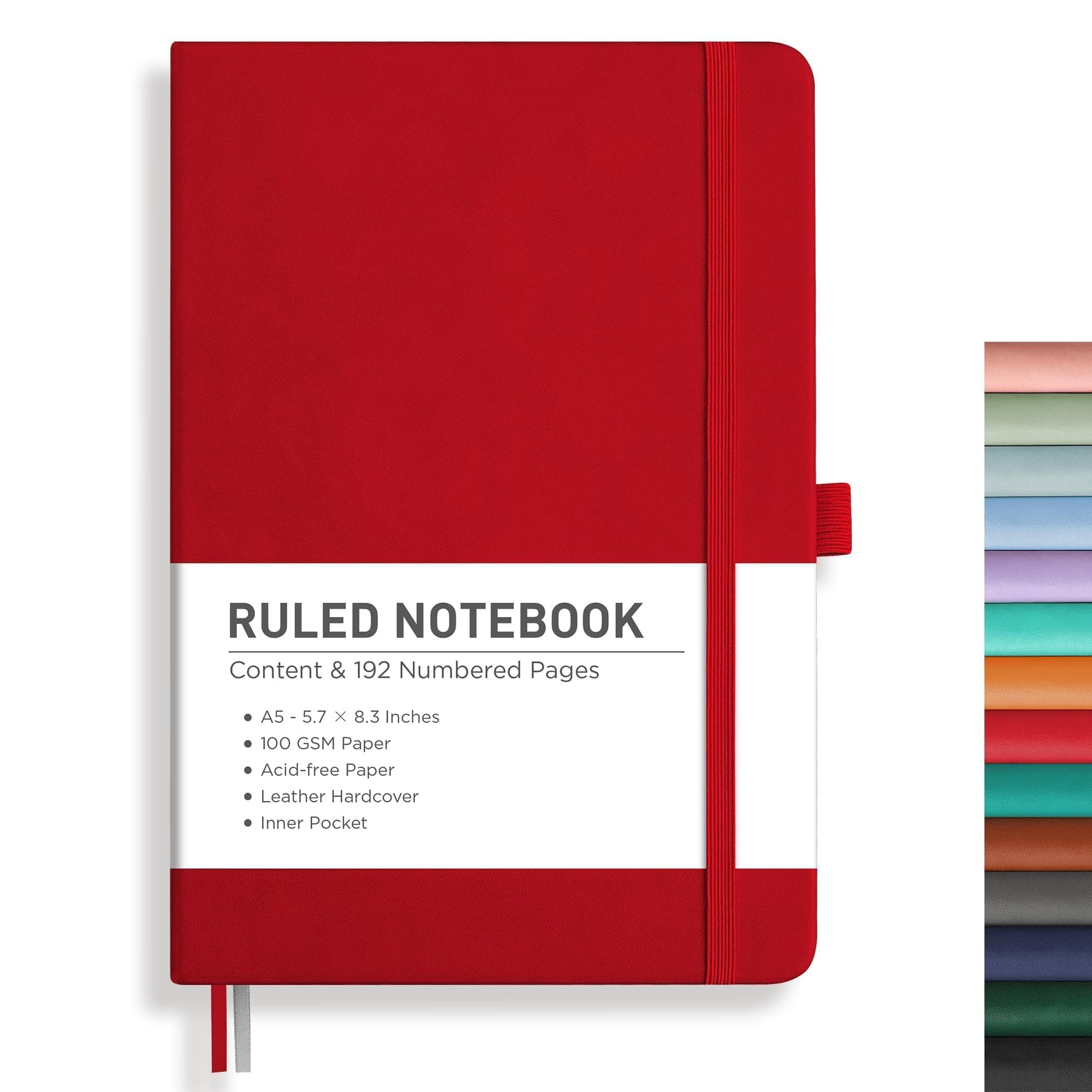 Lined Journal Notebook, 192 Numbered Pages, A5 Medium Size (5.7'' x 8.3''), for Men & Women, Journaling, Writing, Work & Office, Leather Hardcover, 100 GSM Thick Paper (Red)