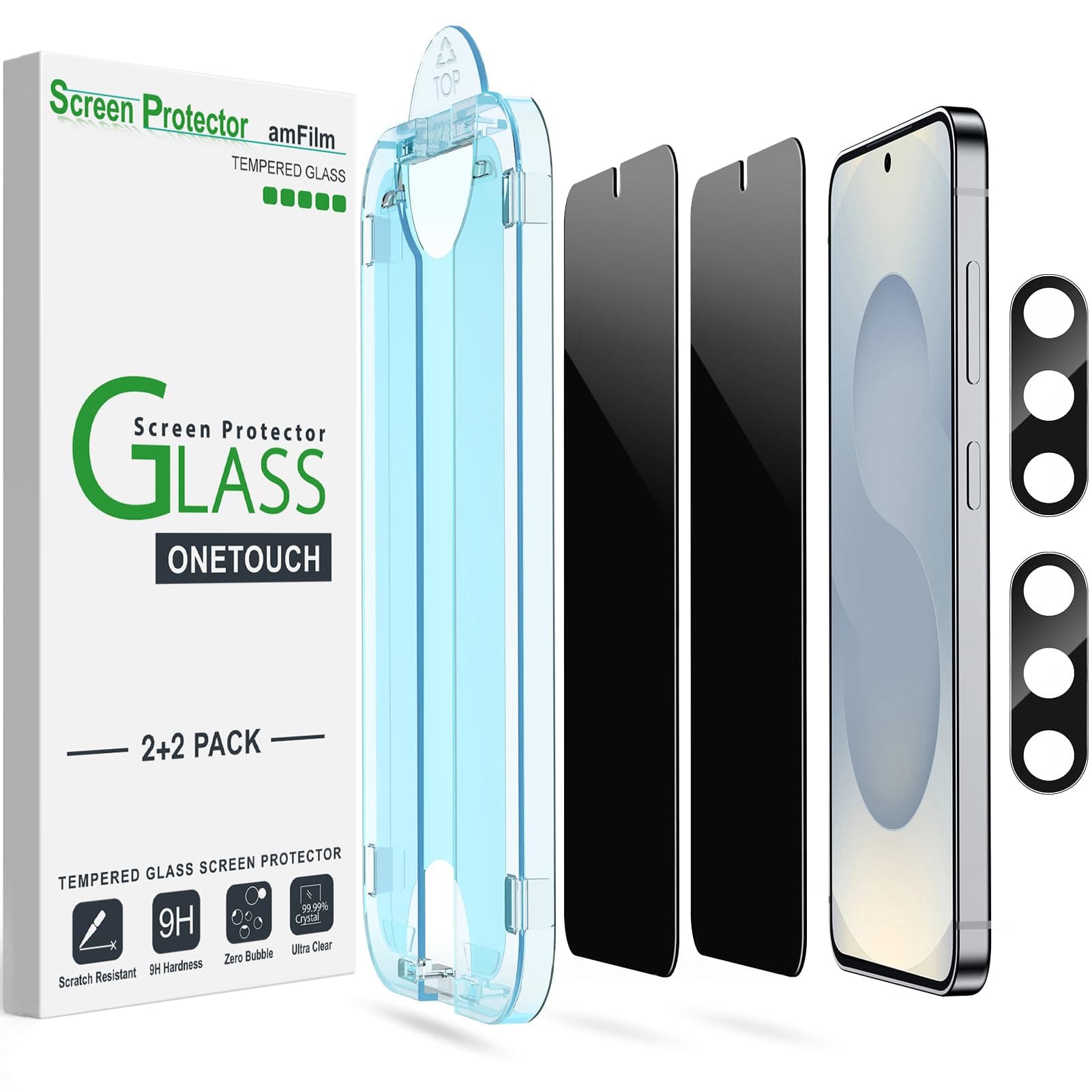 amFilm Auto-Alignment OneTouch for Samsung Galaxy S25+/S25 Plus 6.7" Privacy Screen Protector + Camera Lens Protector, Tempered Glass, 30 seconds Installation, Bubble Free, Privacy Protection 2+2 Pack