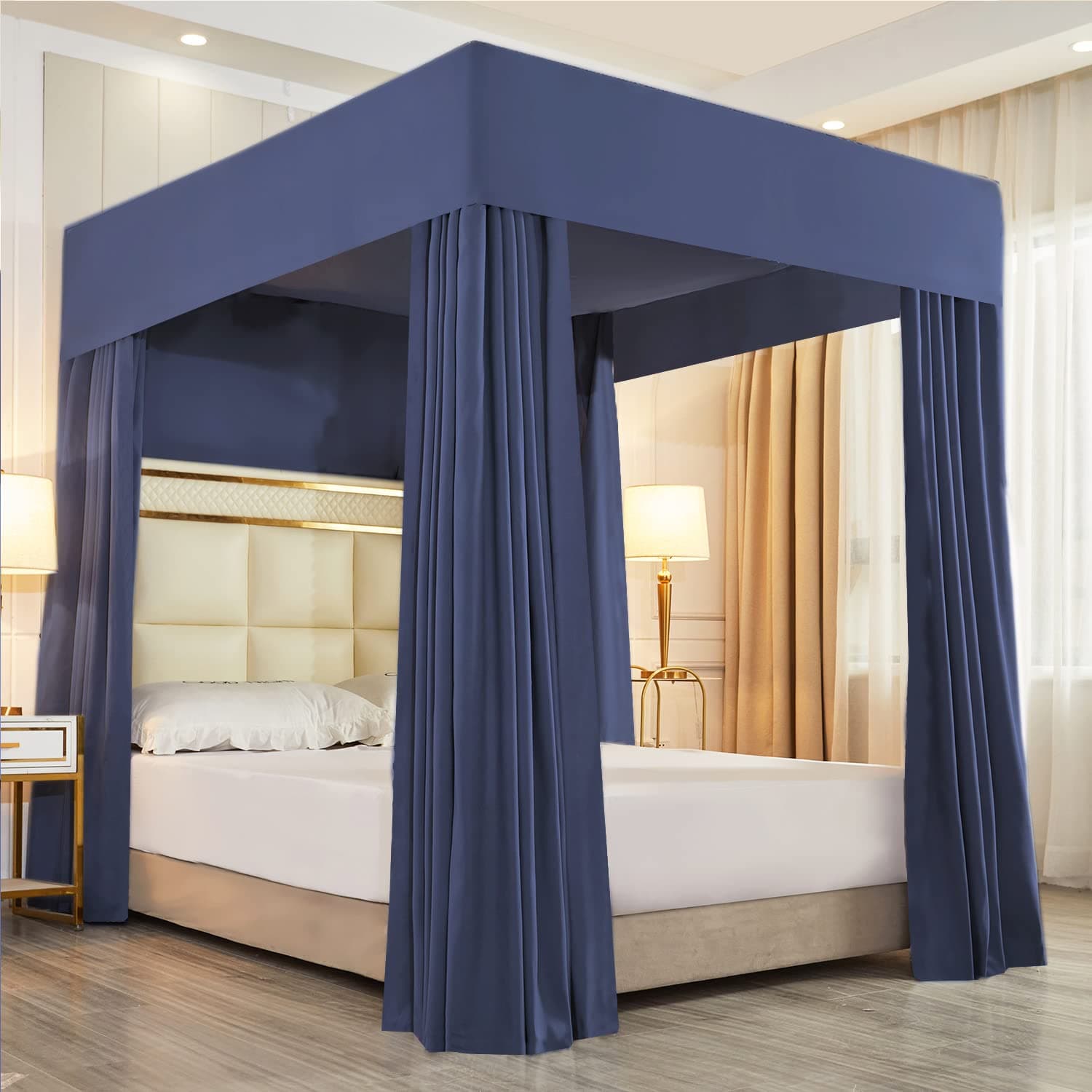 Four Corner Post Bed Canopy Bed Curtains Bed Canopy Bedroom Decoration Lightproof,Not Include Poles (Queen, Dark Blue)