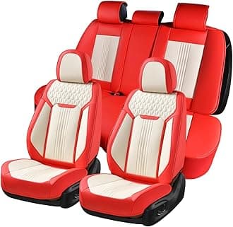 Coverado Leather Car Seat Covers, Universal Waterproof Seat Protectors Full Set, Nappa Leather Seat Covers for Car 5 Seats, Auto Car Driver Seat Cushions Fit for Most Sedans SUV Truck, Red & White