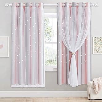 NICETOWN Star Blackout Curtains with Nets - Decorative Cut Out Star Panels with Eyelets for Room Darkening, Nursery, Kids' Room/Bedroom, 2 Panels, W66xL72 Inch (168×183 cm), Grey Pink