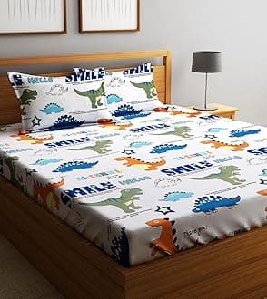 Home Sizzler 144TC Kid's Dinosours Double Bedsheet with 2 King Size Pillow Covers