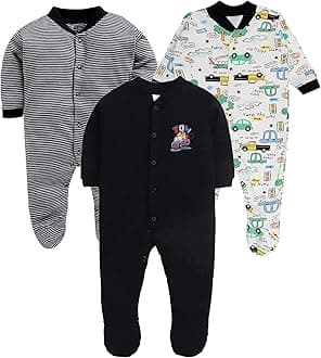 EIO 100% Cotton Baby Rompers Sleepsuits Jumpsuits Night Suits for Newborn Baby Boys & Girls | Soft Infant Bodysuit | Pack of 3 Kids Rompers