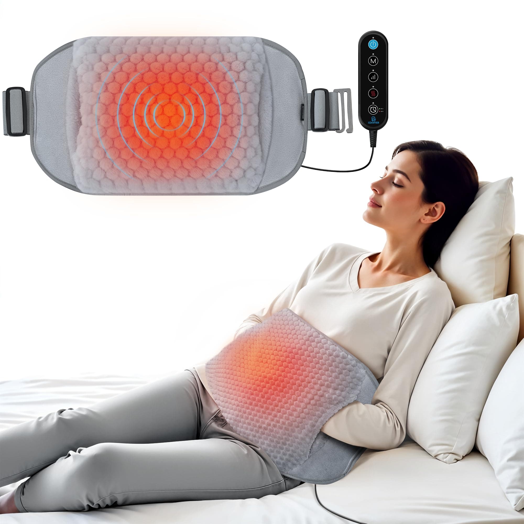 COMFIER Heating Pad with Massager for Back Pain,Extra Large Size Heating Pads for Cramps,Auto Shut Off,Wired Heated Waist Belt with 3 Vibration Modes,Grey