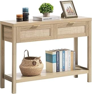 Rattan Console Table for Entryway - Boho Entryway Table with Storage and Drawers, Small Entry Tables for Hallway Behind Couch Table Sofa Table