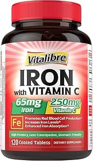 Iron Supplement, 65mg Carbonyl Iron with 250mg Vitamin C, Stomach Friendly Iron Pills for Blood Building Women & Men, High Absorption, No Nausea, No Constipation, Non-GMO, No Gluten, 120 Vegan Tabs