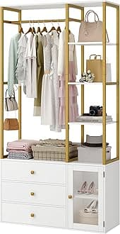 BOTLOG Closet System Organizer, 81.3” H Wardrobe Closet with 3 Wooden Drawers, Clothes Rack with Hanging Rods, 4 Tiers Shelves, Metal Frame, White and Gold