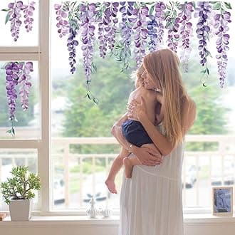 decalmile Purple Hanging Vine Double Sided Window Clings Wisteria Flower Leaf Window Decals Anti-Collision Glass Doors Window Stickers