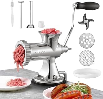VEVOR Manual Meat Grinder, 304 Stainless Steel, 5 & 8 mm Cutting Plates, Sausage Tube, Suitable for Meat & Vegetables Grinding & Sausage Filling