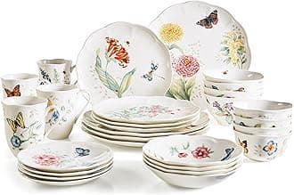 Lenox Dinnerware Set, Butterfly Meadow 28-Piece Set, Service For 4, Porcelain Plates With Scalloped Edges, Plates And Bowls Sets, Microwave Safe, Dishwasher Safe, Home & Kitchen (28 Piece, Assorted)