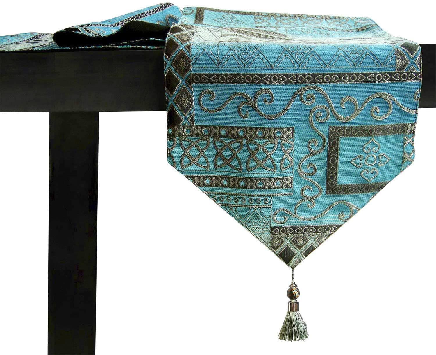 Artbisons Table Runner, 13x72 Inches Double Layer Jacquard Teal and Silver Table Runner with Tassel Mediterranean Collection for Dining Room Dresser Decor