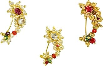 Medium Size Traditional Maharashtrian Banu Nath Nose ring without piercing Pearl Gold Plated Nath Combo Clip On Nose Ring For Women