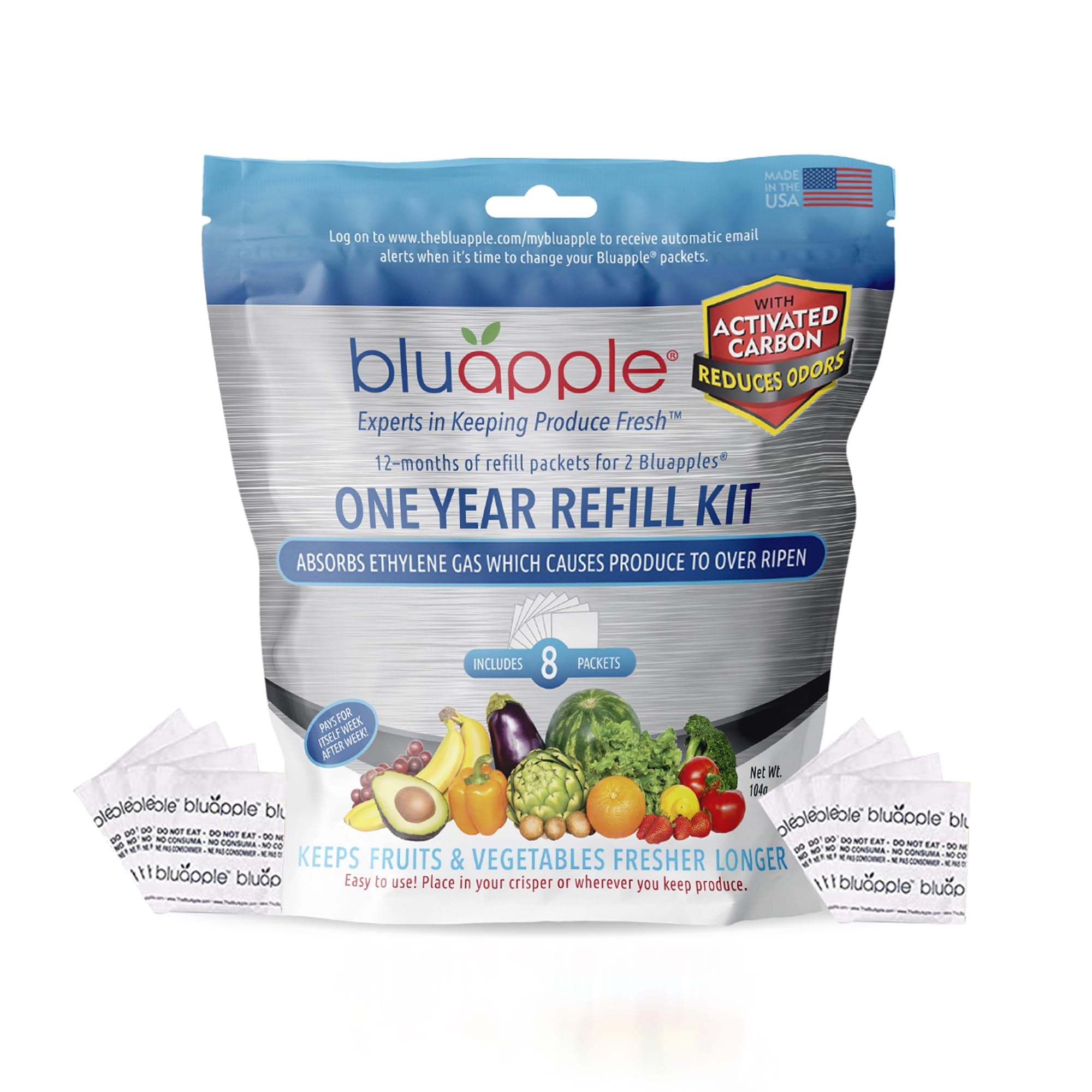 Produce Saver Ethylene Gas Absorber with Activated Carbon, 1 Year Supply, Keeps Fresh Fruits & Vegetables Longer - Produce Saver for Kitchen - 8-Packets, 13g Total (Active Formula + Carbon)