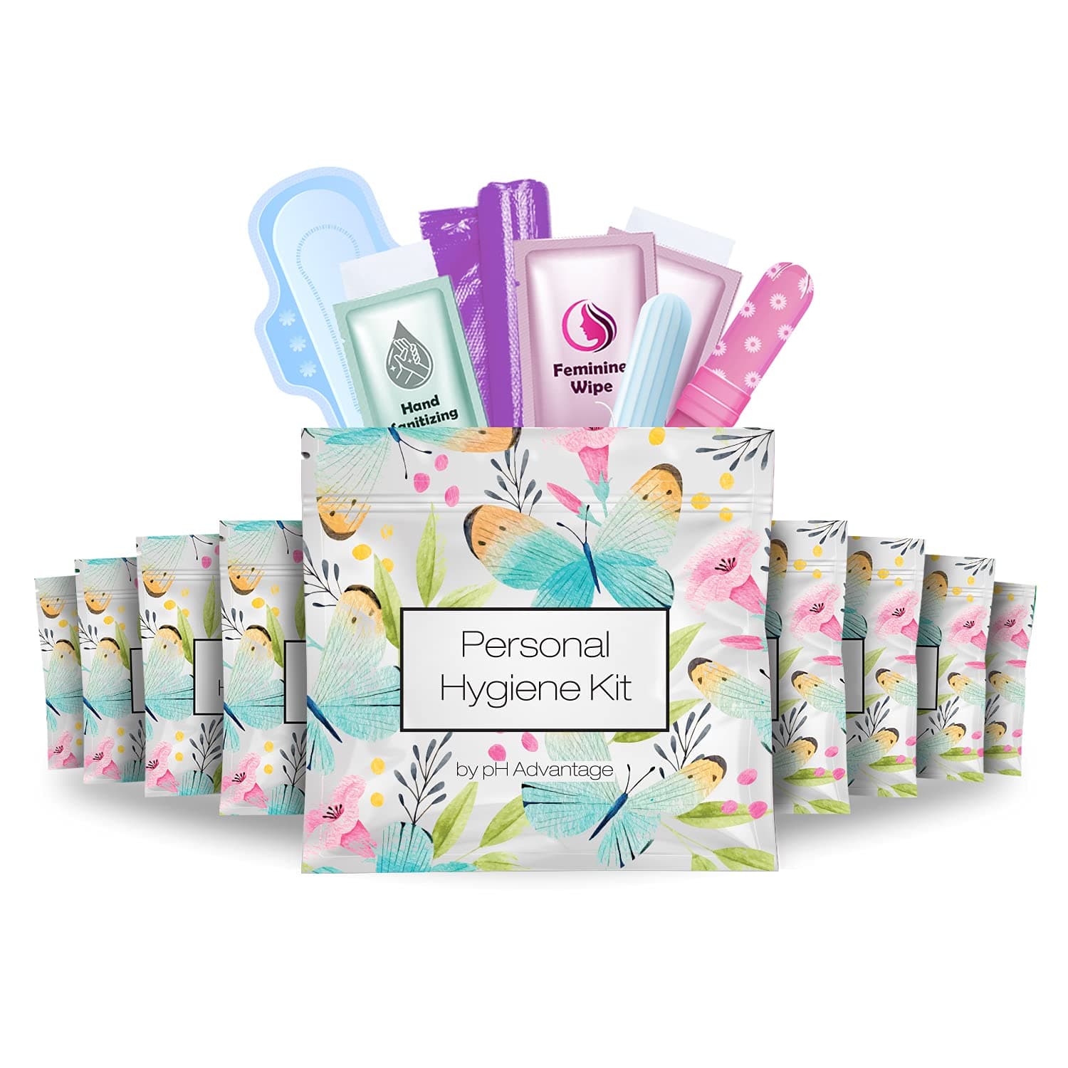 pH Advantage Menstrual Kit All-in-One 10 Pack | Convenience on The Go | Period Kit Pack for Travelling, Tweens & Teenager | Individually Wrapped Feminine Hygiene Product (Butterflies)