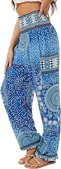 QIANXIZHAN Women's Harem Pants, High Waist Yoga Boho Trousers with Pockets, Circle Blue, Large