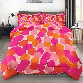 Comforter Set Full Size, Pink Orange Colorful Soft 3 Pcs Bedding for Kids and Adults, Fruit Retro Leaves Comforter Set with Pillowcase, for Bedroom Bed Decor
