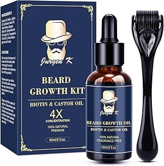 Jurgen K Beard Growth Kit, Upgraded Beard Growth Oil (2Oz) w/Biotin & Castor Oil, Beard Massager for Patchy/Spot Beard, Beard Kit for Men's Daily Grooming, Birthday Gifts for Him Boyfriend Husband