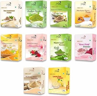 10-in-1 Skin Care Combo Pack - Sandalwood, Neem, Rose, Multani Mitti, Turmeric, Lemon Peel, Amla, Hibiscus, Ubtan & Brahmi Powder (500gms), Natural Radiance with Organic Ingredients - 50gx10