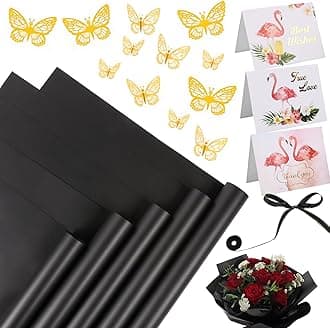 SACATR 20 Sheets Flower Wrapping Paper - Waterproof Floral Bouquet Wrapping Paper, Florist Supplies with 3D Gold Butterfly Decor(Mist Black)