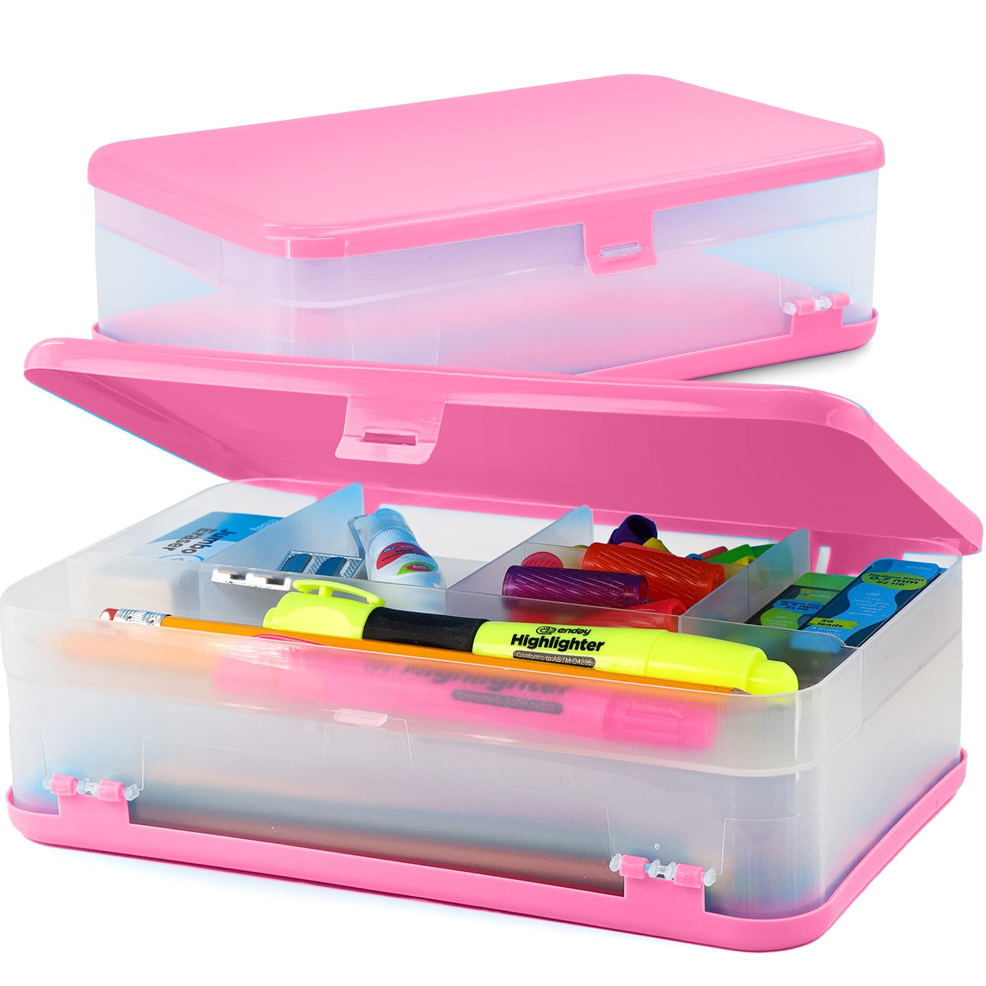 Enday Pencil Box Pink, Large Capacity Plastic Double Deck Box with 12 Compartments, Plastic Pencil Box with Snap-Tight Lid, Hard Pencil Case Storage Organizer Pencil Boxes