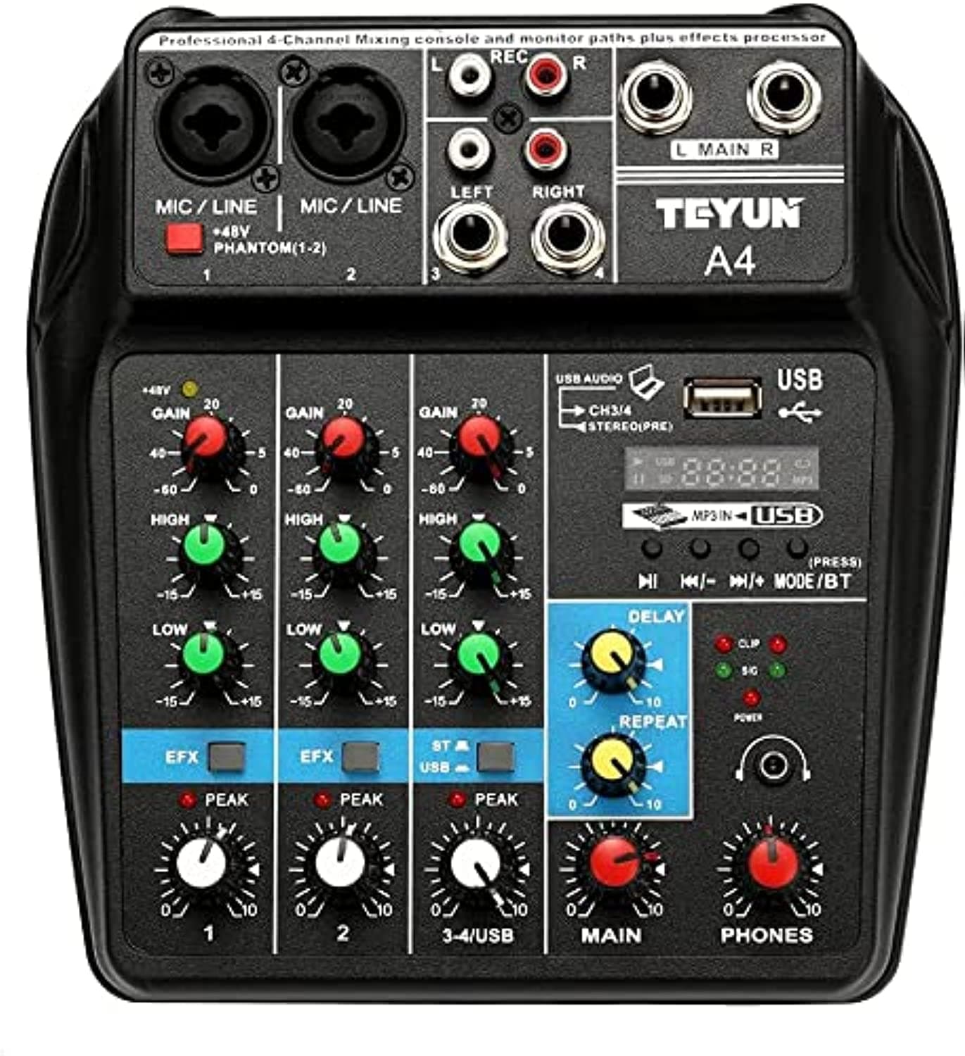 eWINNER Audio Mixer Bluetooth USB Record 4-Channel BT Sound Mixing Console Mono Stereo Input Reverb Effects 48V Phantom PoweR Audio Interface Board for Stage Tuning Home KTV Studio Music etc