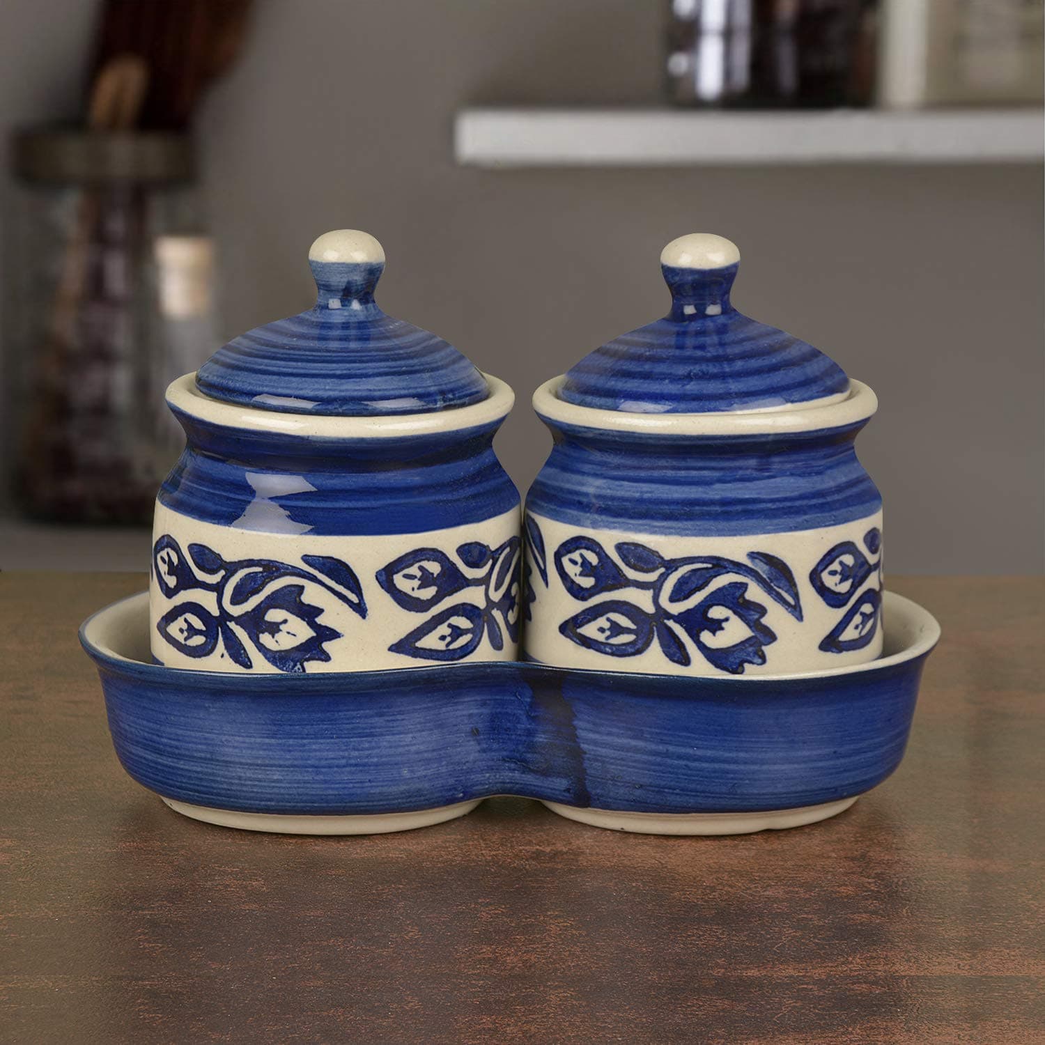 StyleMyWay Ceramic Pickle Serving Jar Set with Tray (Set of 2, Blue and White) | Condiment Set | Pickle Jar Set for Dining Table | Masala Container