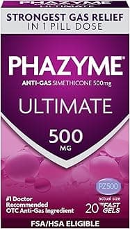 Phazyme Ultimate Strength Anti-Gas 500 mg Simethicone Gas Relief for Adults, Fast Gels Quickly Ease Bloating, Pressure and Discomfort, 20 Count