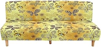 Mateju Armless Sofa Bed Cover, Butterfly Pattern Folding Sofa Bed without Armrests, Non Slip Stretch Futon Slipcover Protector for 2-3 Seater, Washable Couch Bed Slipcovers (Yellow,120-150cm)