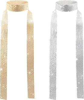 UILYNIU 2 Pack Skinny Sparkle Metal Sequins Scarf Neckerchief for Women Girl, Neck Scarf Glitter Neck Tie for for Adult, Costume Accessories for 70s 80s Disco Abba Fancy Dress Up Party Halloween
