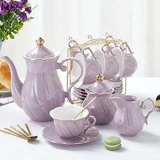 22 pcs Porcelain Tea Set for 6, Luxury British Style Tea/Coffee Cup Set with Golden Trim, Beautiful Tea Set for Women, Tea Party Set, Gift Package (With a Stand) - Purple