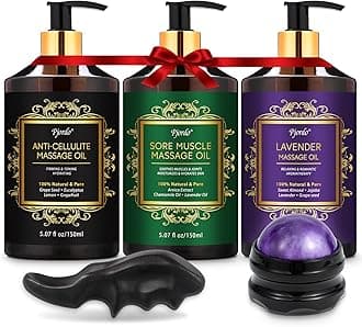 3 Pack Massage Oil for Massage Therapy, Lavender Oil for Relaxation, Sore Muscle Arnica Oil & Cellulite Massage Oil, with Massage Roller Ball & Thumb Saver Tool, Massage Kit for Him Her