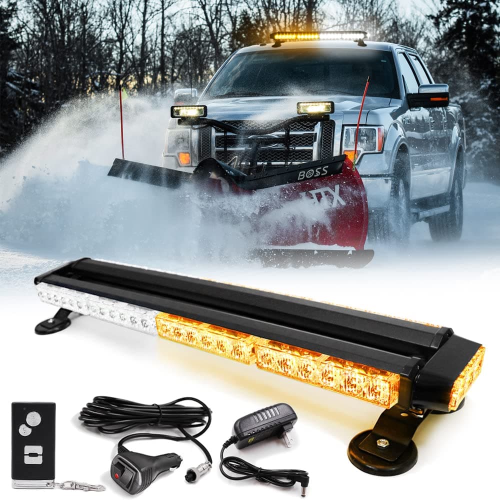FOXCID Wireless Rechargeable Battery 26" LED Rooftop Double Side Emergency Hazard Strobe Light Bar w/Magnetic Base，Remote Control for Safety Construction Vehicles Trucks Pickup Snowplow,White Amber