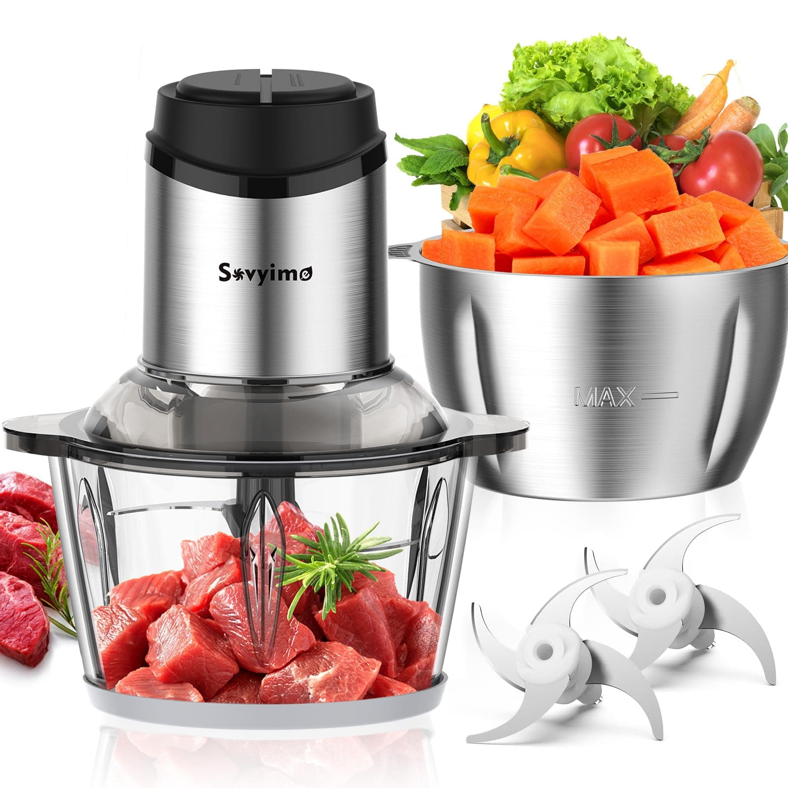 Sovyime Food Processor with 2 Bowls (2L+2L), Mini Chopper Electric Food Chopper, 2 Bi-Level Blades Mini Food Processors Meat Grinder for Kitchen Meat, Vegetables, Onions,Nuts,Fruit, Baby Food, 2 Speed