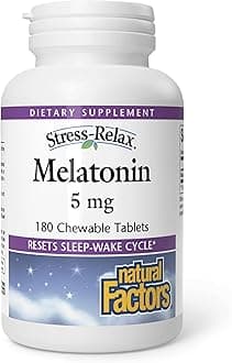 Stress-Relax Melatonin 5 mg by Natural Factors, Natural Sleep Aid, Resets the Sleep-Wake Cycle, 180 chewable tablets (180 servings), Peppermint Flavor