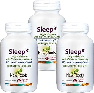NEW ROOTS HERBAL Sleep8 Melatonin 1 mg Sleep Supplement with Panax notoginseng (60 Capsules) [3 Pack] | Natural Nighttime Sleep Aid with Magnesium, Passion Flower, Chamomile, Skullcap for Adults
