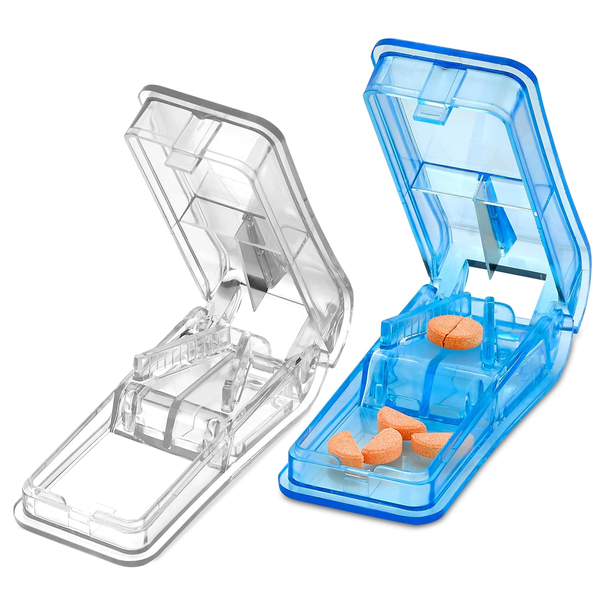 MEDca Pill Splitters - (Pack of 2) Pill Cutters with V- Grip for Small and Medication - Easily Cut Pills, Splitter Cutter and Crusher with Pill Holder Case to Spli