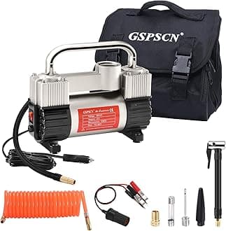 GSPSCN 6X Faster Inflation Tyre Inflator Heavy Duty Double Cylinders with Portable Bag- Car Accessories，Metal 12V Air Compressor Pump 150PSI with Adapter for Car, Truck, SUV Tyres, Dinghy, Air Bed