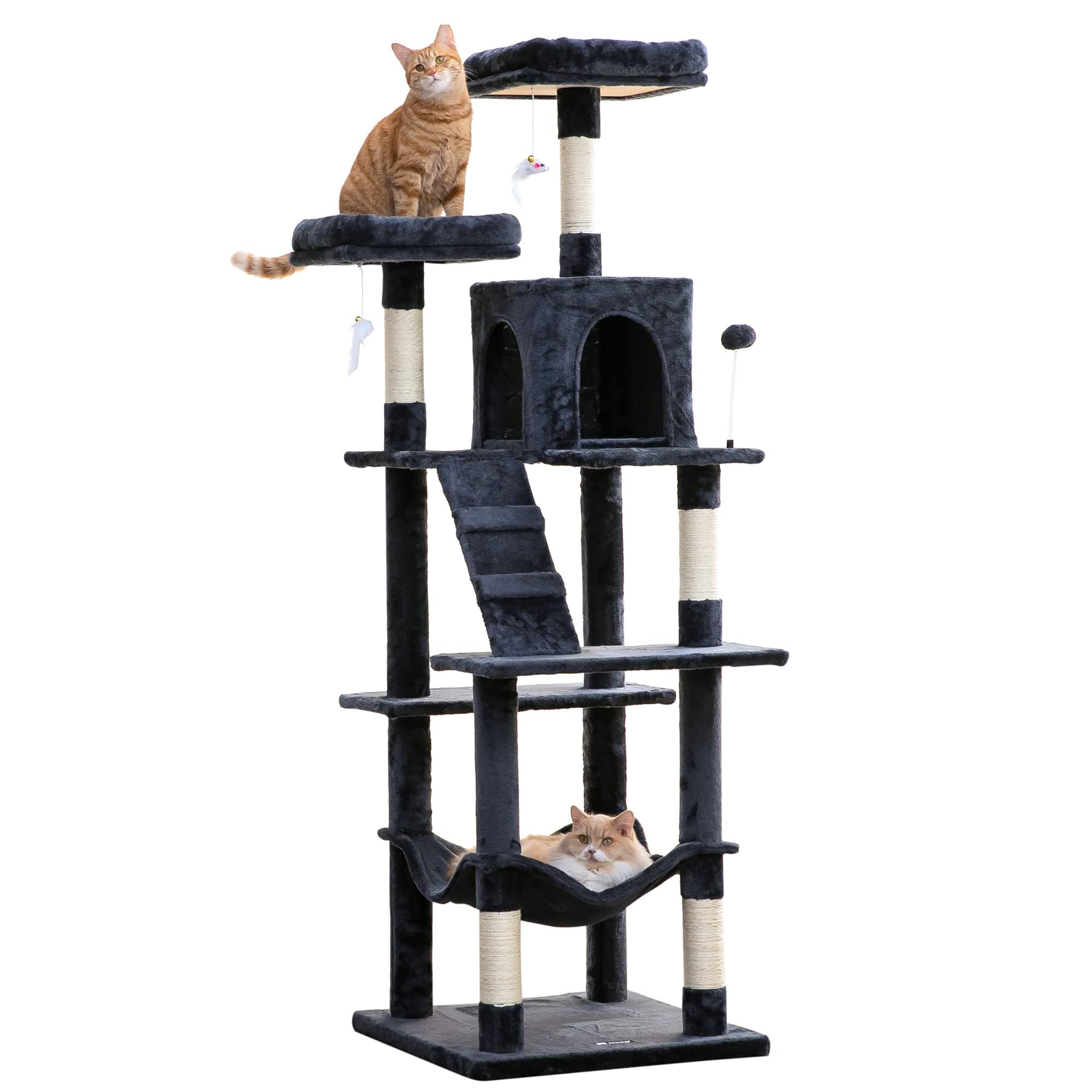 70.1-Inch Large Cat Tree, Multi-Level Tall Cat Tower for Indoor Cats, Plush Cat Condo with Big Padded Perches, Sisal-Covered Scratching Posts, Hammock, Toys for Kittens & Cats - Smoky Grey