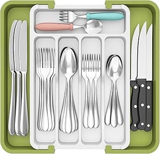 Lifewit Silverware Drawer Organizer, Expandable BPA Free Utensil Tray for Kitchen, Adjustable Flatware and Cutlery Holder for Spoons Forks Knives, Plastic Kitchen Organizers and Storage, Green&White
