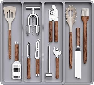Lifewit Utensil Organizer for Kitchen Drawer, Expandable Cooking Silverware Tray, Adjustable Cutlery Flatware Holder, Plastic Spatula Tools Storage Divider, 17.3 x 15.8", Gray