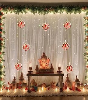 Ganpati Decoration Items | Pooja Room Decor Items | Backdrop for Haldi Ceremony with Net Curtains and LED Lights for Decoration (Lotus+NET), Multicolor