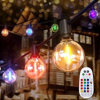 Brightown RGBW Outdoor String Lights, 25FT LED Patio Lights with Remote and Timer, Commercial Grade Waterproof Hanging Lights with 13 Shatterproof Bulbs(1 Spare) for Backyard Porch Garden Party Decor