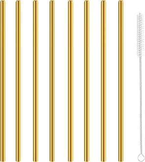 Stainless Steel Straws Metal Reusable Drinking Straw for Juice Iced Coffee Cold Beverage Water Highball Glasses 20oz Tumblers Mugs Cups, 0.24" 6mm Wide 215mm Long, Set of 8 with Brush, Gold