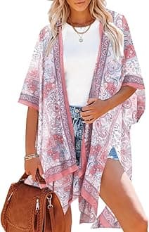 Women's Beach Cover up Swimsuit Kimono with Bohemian Floral Print, Loose Casual Resort Wear