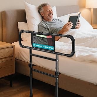 FORTEMOTUS Bed Rails for Elderly Adults Safety Foldable - Heavy Duty Bed Assist Rails for Senior, with Extendable Bed Guard Rails, Adjustable Heights, Storage Pocket& Safety Belt, can Withstand 450LB