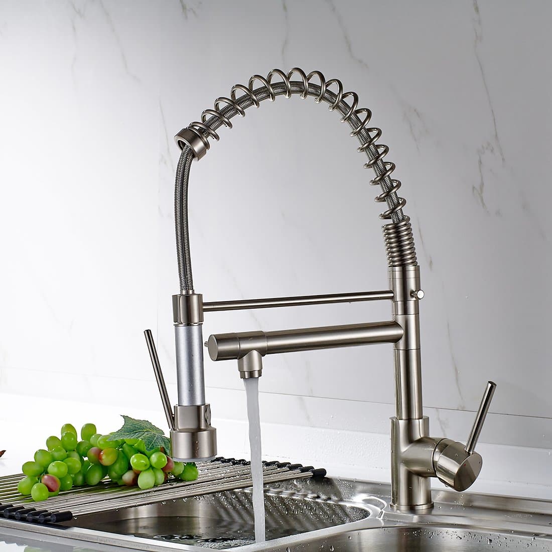 FLG Commercial Style Single Handle Kitchen Sink Faucet with Pull Down Sprayer, Brushed Nickel