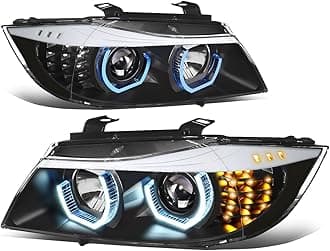 LED Halo Headlights Assembly Compatible with 2009-2012 BMW E90 323i 335d 325i 328i Sedan, Left and Right Side, 3D Crystal Blue U-Halo, Projector Low Beam, LED Turn Signal, Black Housing